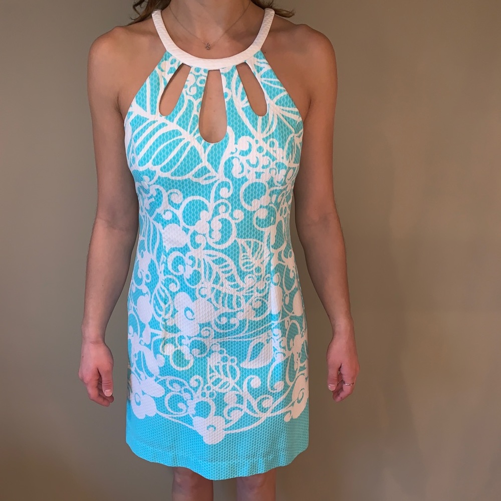 Lilly Pulitzer Aqua and White Keyhole Halter Mini Dress
